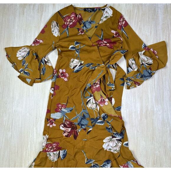 Lulu's Love & Light Mustard Yellow Floral Print Midi Romantic Faux Wrap Dress XS - Picture 2 of 16